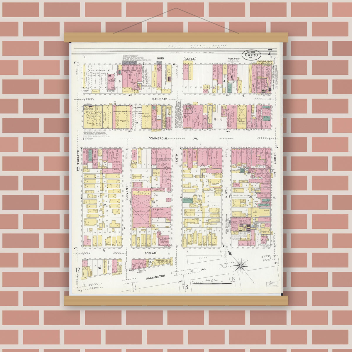 Old map wall art mockup — magnetic wood frame on brick wall — Sanborn Fire Insurance Map from Cairo, Alexander County, Illinois (1907), Sheet #0007