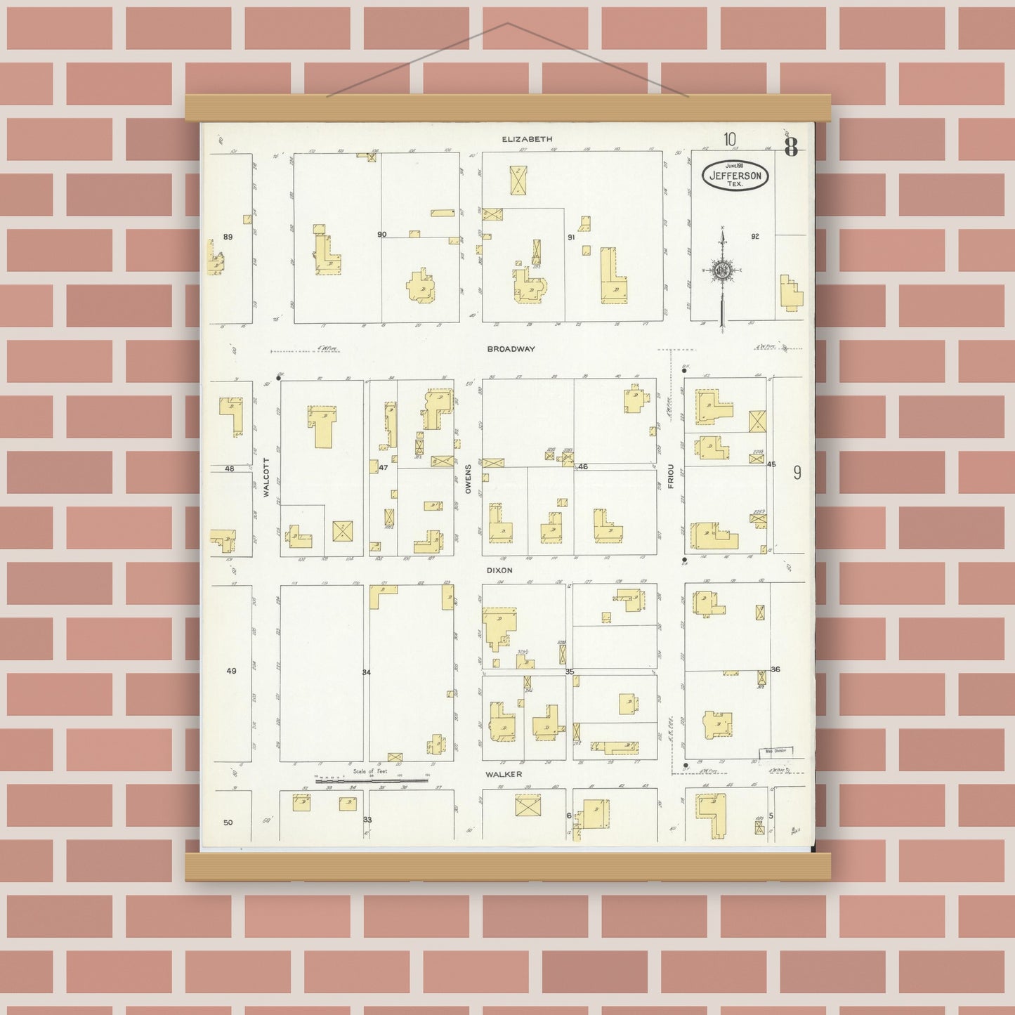 Old map wall art mockup — magnetic wood frame on brick wall — Sanborn Fire Insurance Map from Jefferson, Marion County, Texas (1911), Sheet #0008