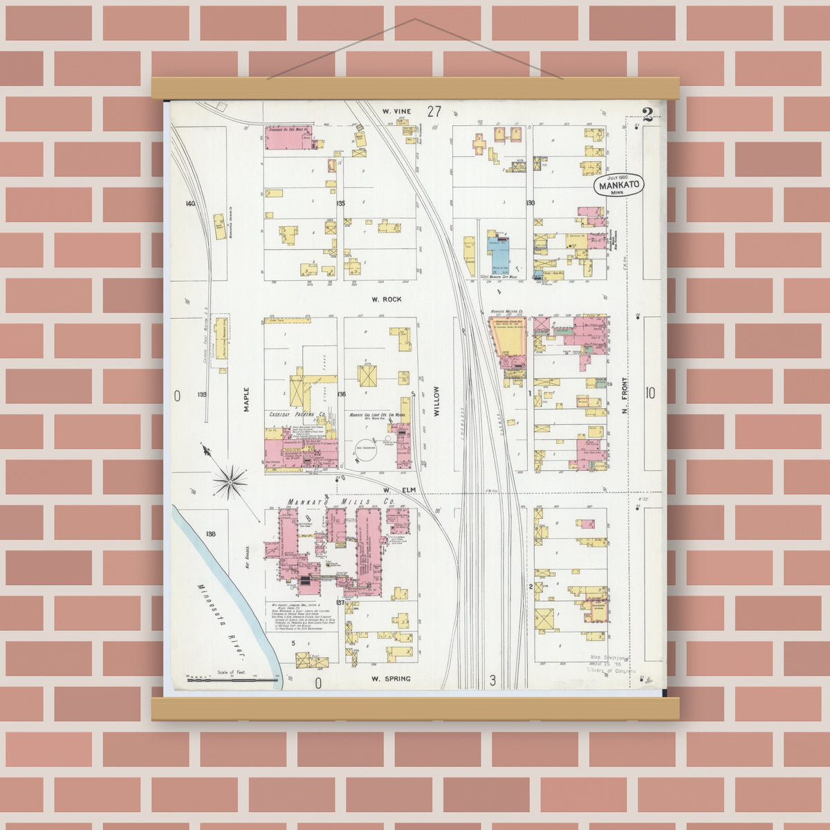 Old map wall art mockup — magnetic wood frame on brick wall — Sanborn Fire Insurance Map from Mankato, Blue Earth County, Minnesota (1900), Sheet #0002