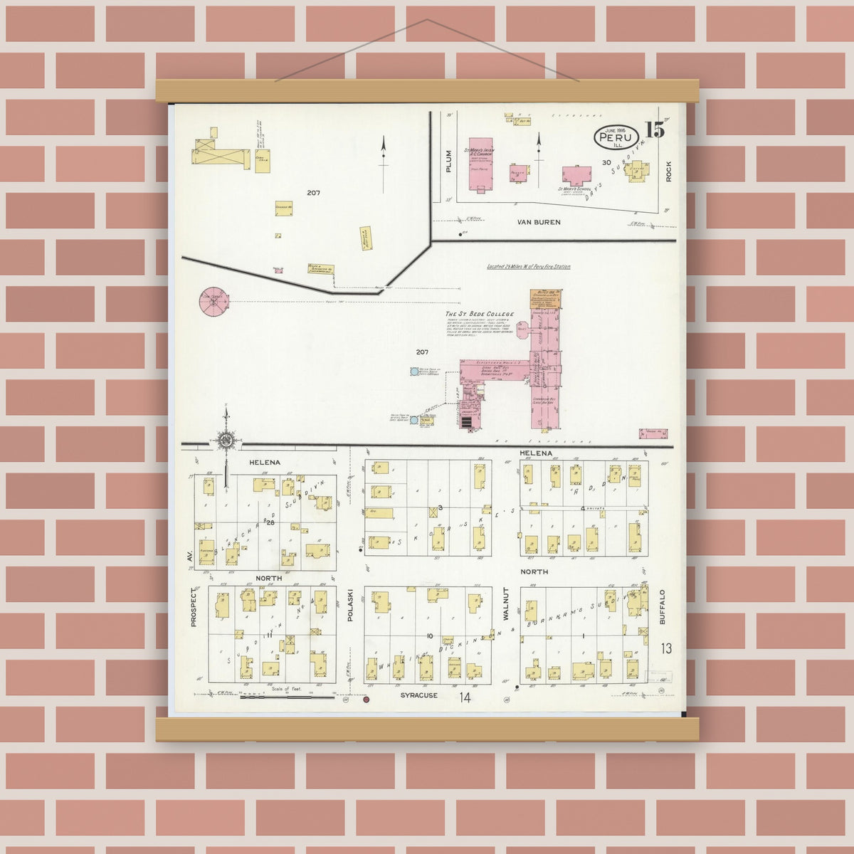 Old map wall art mockup — magnetic wood frame on brick wall — Sanborn Fire Insurance Map from Peru, La Salle County, Illinois (1916), Sheet #0015