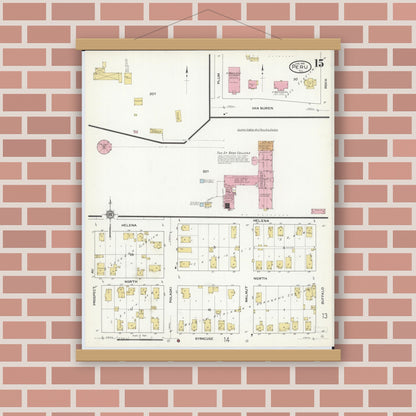 Old map wall art mockup — magnetic wood frame on brick wall — Sanborn Fire Insurance Map from Peru, La Salle County, Illinois (1916), Sheet #0015