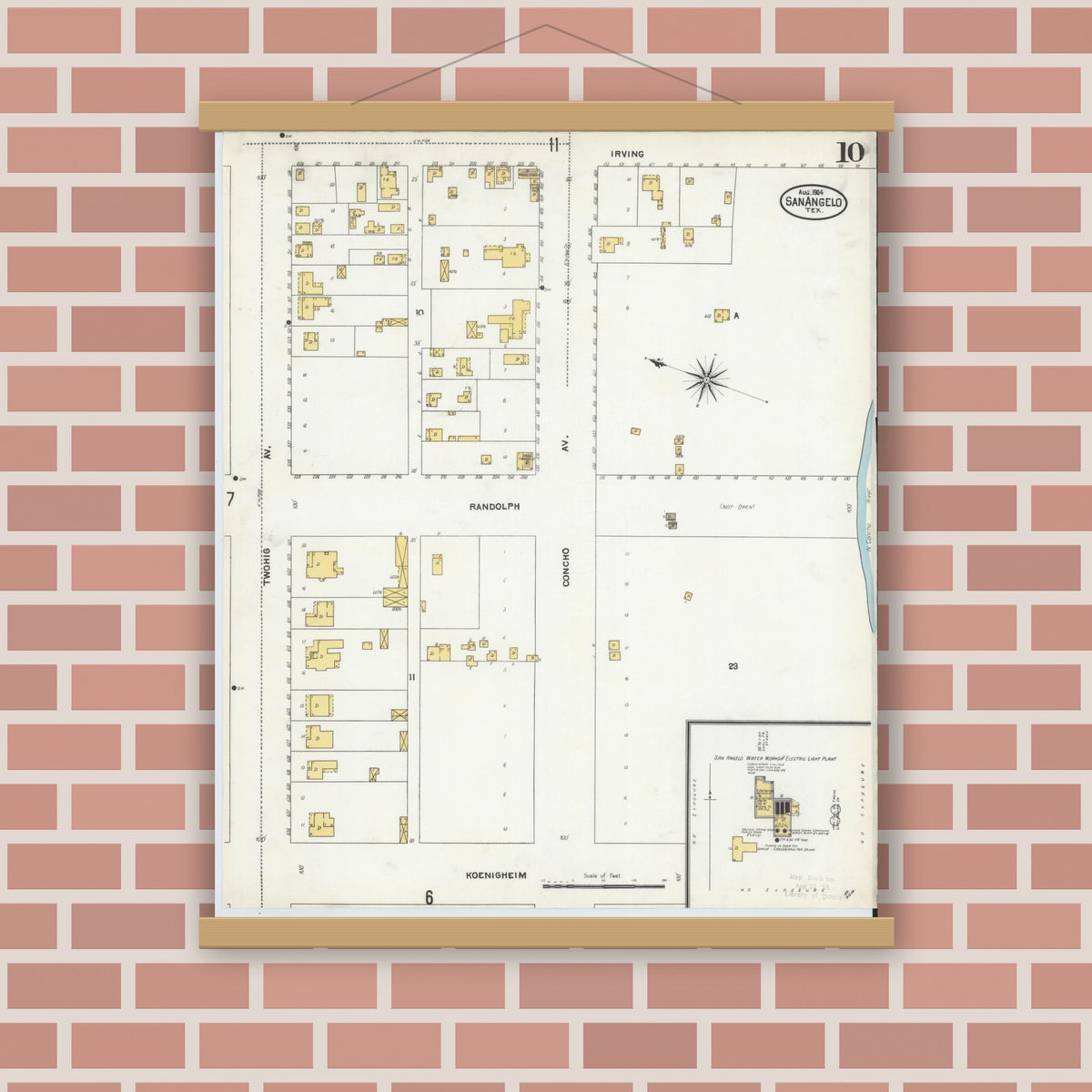 Old map wall art mockup — magnetic wood frame on brick wall — Sanborn Fire Insurance Map from San Angelo, Tom Green County, Texas (1904), Sheet #0010
