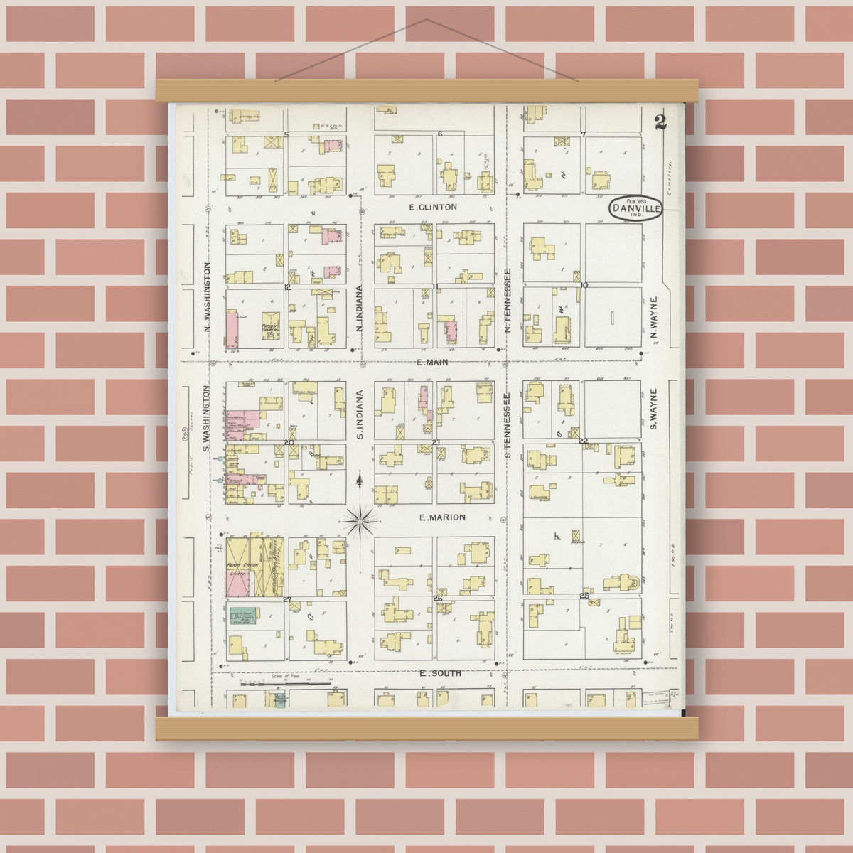 Old map wall art mockup — magnetic wood frame on brick wall — Sanborn Fire Insurance Map from Danville, Hendricks County, Indiana (1893), Sheet #0002