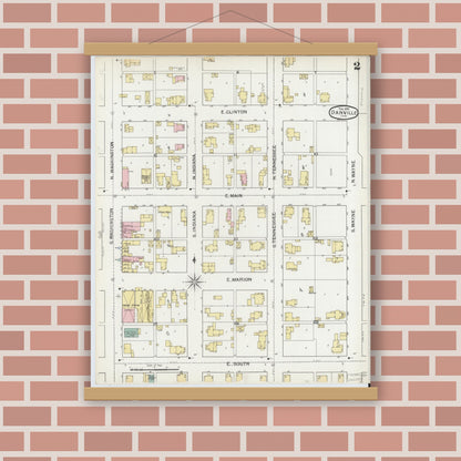 Old map wall art mockup — magnetic wood frame on brick wall — Sanborn Fire Insurance Map from Danville, Hendricks County, Indiana (1893), Sheet #0002