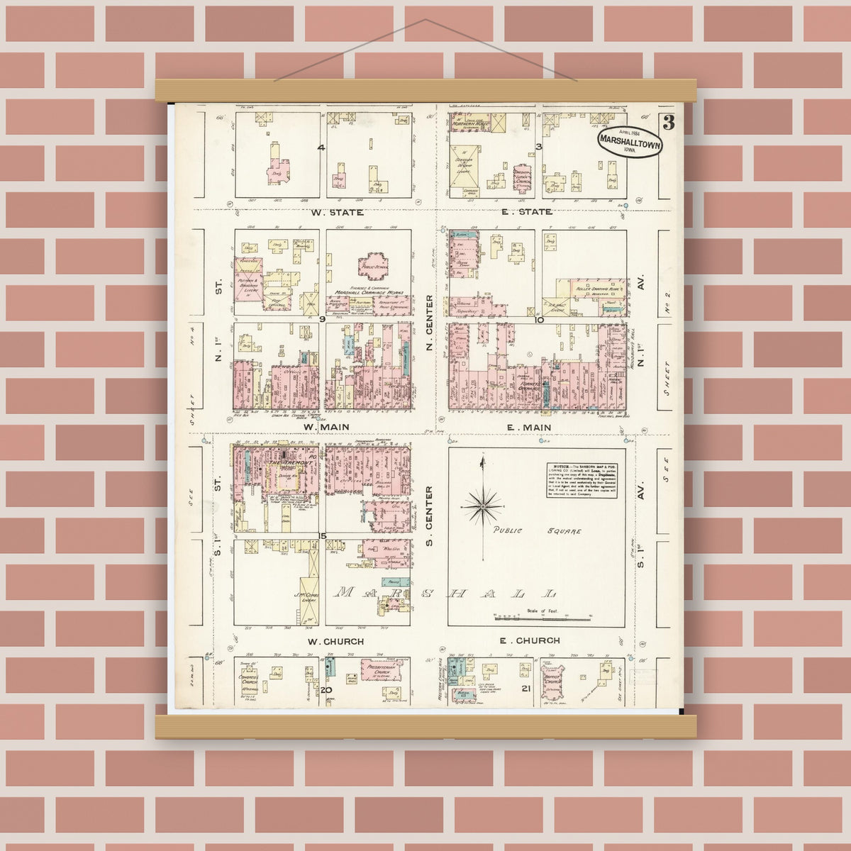 Old map wall art mockup — magnetic wood frame on brick wall — Sanborn Fire Insurance Map from Marshalltown, Marshall County, Iowa (1884), Sheet #0003
