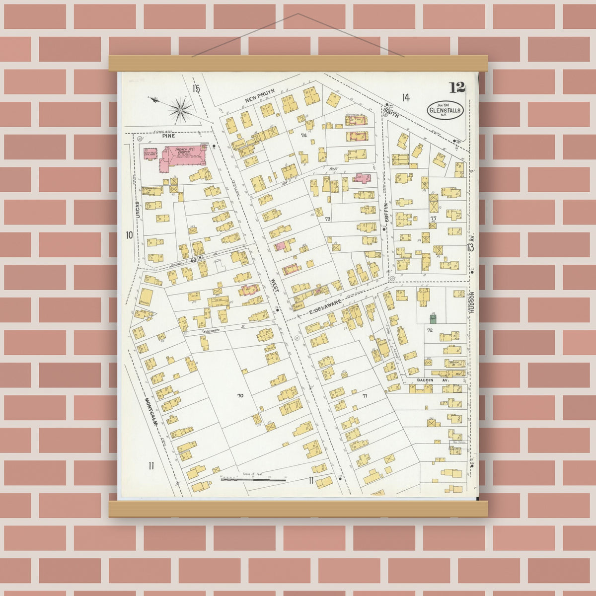 Old map wall art mockup — magnetic wood frame on brick wall — Sanborn Fire Insurance Map from Glens Falls, Warren County, New York (1901), Sheet #0012