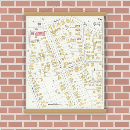 Old map wall art mockup — magnetic wood frame on brick wall — Sanborn Fire Insurance Map from Glens Falls, Warren County, New York (1901), Sheet #0012