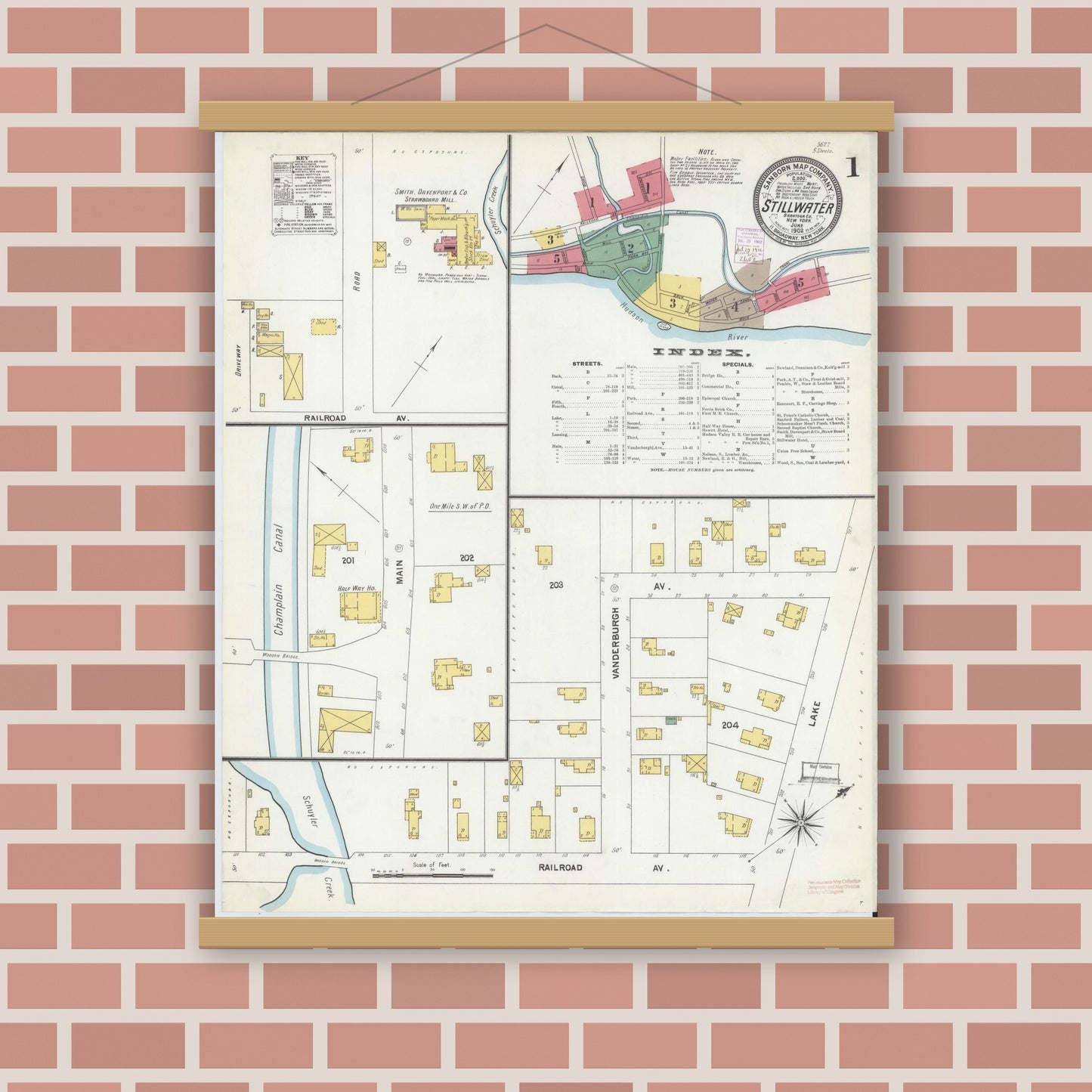 Old map wall art mockup — magnetic wood frame on brick wall — Sanborn Fire Insurance Map from Stillwater, Saratoga County, New York (1902), Sheet #0001