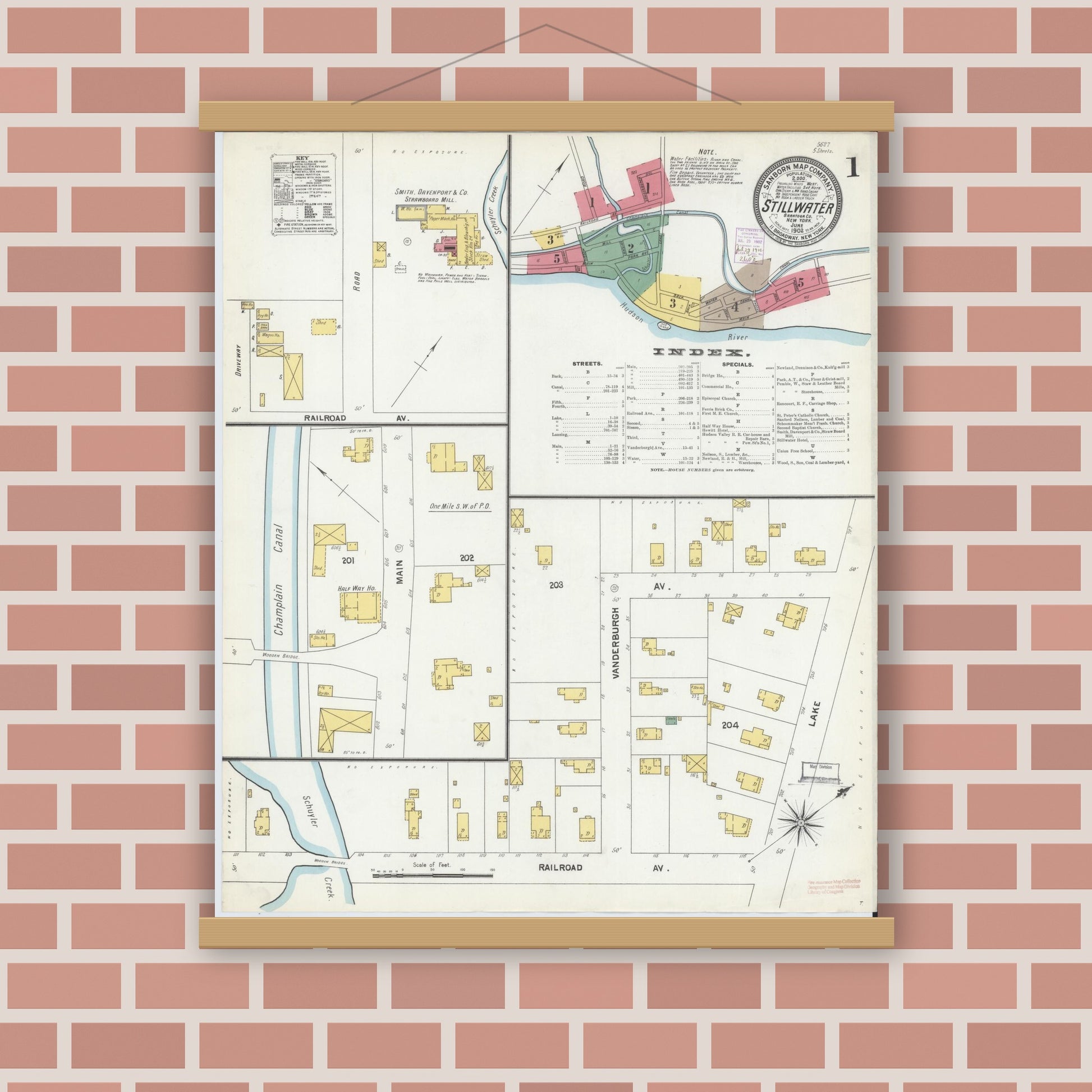 Old map wall art mockup — magnetic wood frame on brick wall — Sanborn Fire Insurance Map from Stillwater, Saratoga County, New York (1902), Sheet #0001
