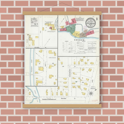 Old map wall art mockup — magnetic wood frame on brick wall — Sanborn Fire Insurance Map from Stillwater, Saratoga County, New York (1902), Sheet #0001