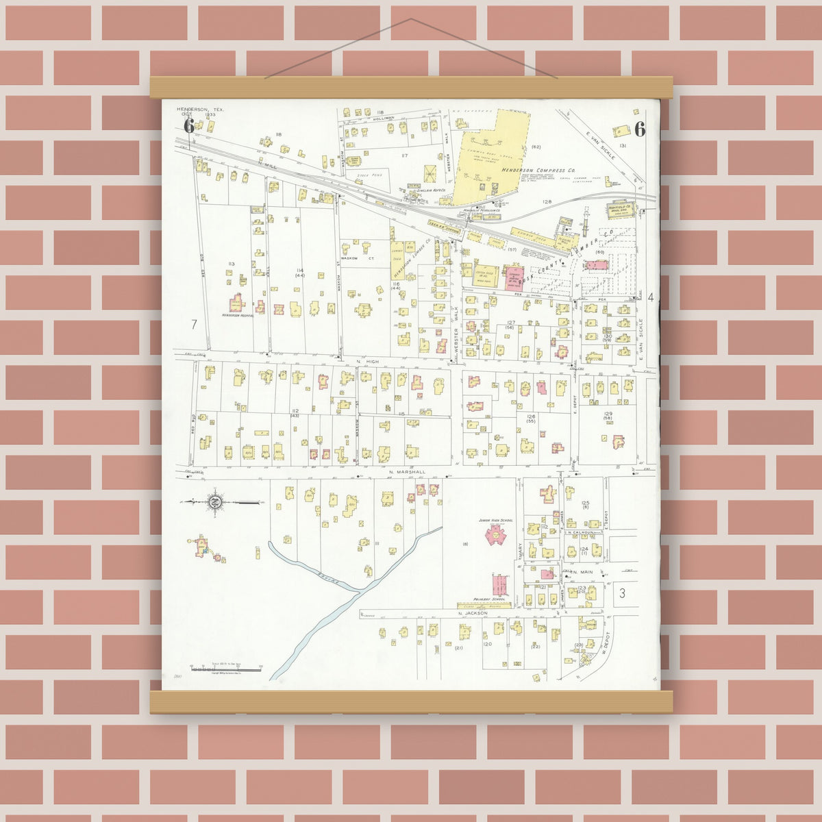 Old map wall art mockup — magnetic wood frame on brick wall — Sanborn Fire Insurance Map from Henderson, Rusk County, Texas (1933), Sheet #0006