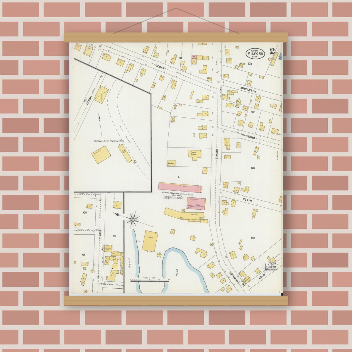 Old map wall art mockup — magnetic wood frame on brick wall — Sanborn Fire Insurance Map from Milford, Worcester County, Massachusetts (1903), Sheet #0002