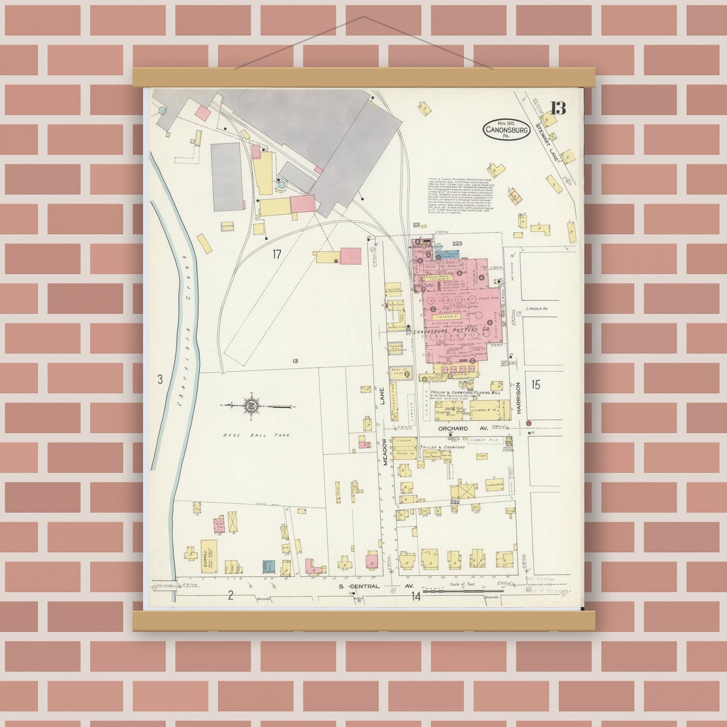 Old map wall art mockup — magnetic wood frame on brick wall — Sanborn Fire Insurance Map from Canonsburg, Washington County, Pennsylvania (1913), Sheet #0013