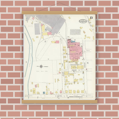 Old map wall art mockup — magnetic wood frame on brick wall — Sanborn Fire Insurance Map from Canonsburg, Washington County, Pennsylvania (1913), Sheet #0013