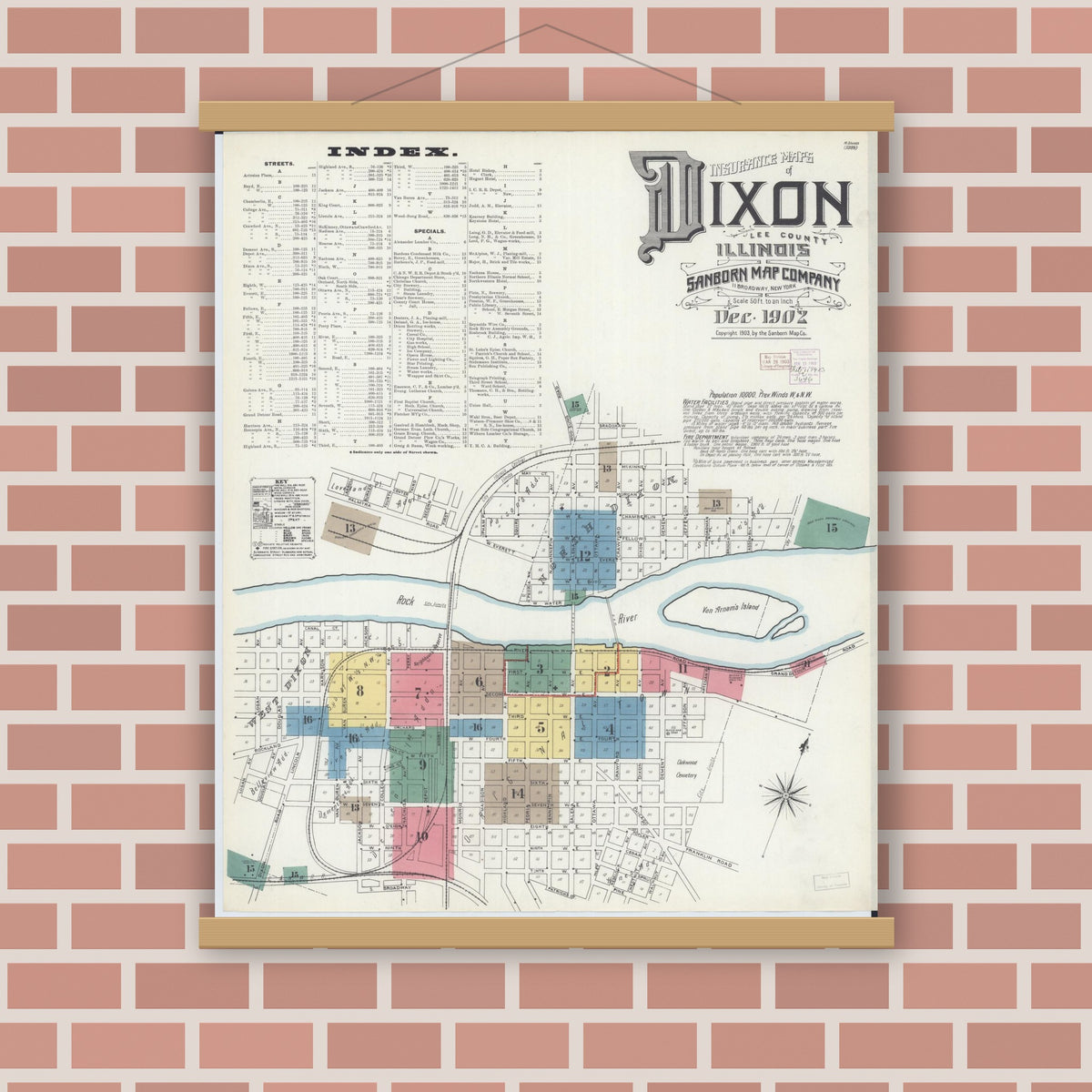Old map wall art mockup — magnetic wood frame on brick wall — Sanborn Fire Insurance Map from Dixon, Lee County, Illinois (1902) - Complete Map Set