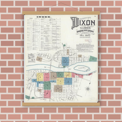 Old map wall art mockup — magnetic wood frame on brick wall — Sanborn Fire Insurance Map from Dixon, Lee County, Illinois (1902) - Complete Map Set