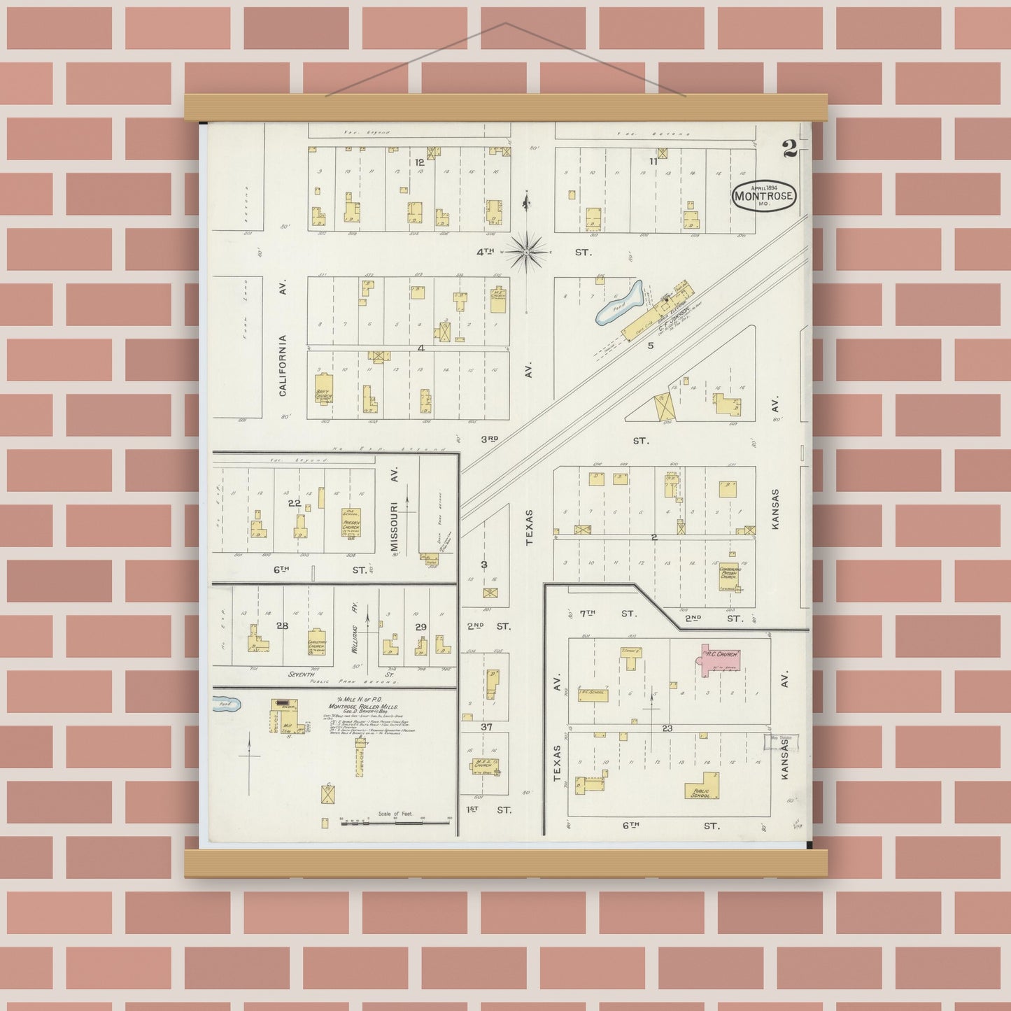 Old map wall art mockup — magnetic wood frame on brick wall — Sanborn Fire Insurance Map from Montrose, Henry County, Missouri (1894), Sheet #0002