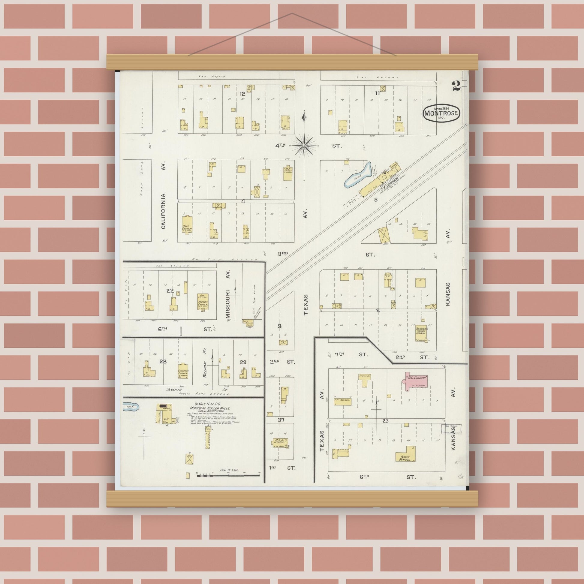 Old map wall art mockup — magnetic wood frame on brick wall — Sanborn Fire Insurance Map from Montrose, Henry County, Missouri (1894), Sheet #0002