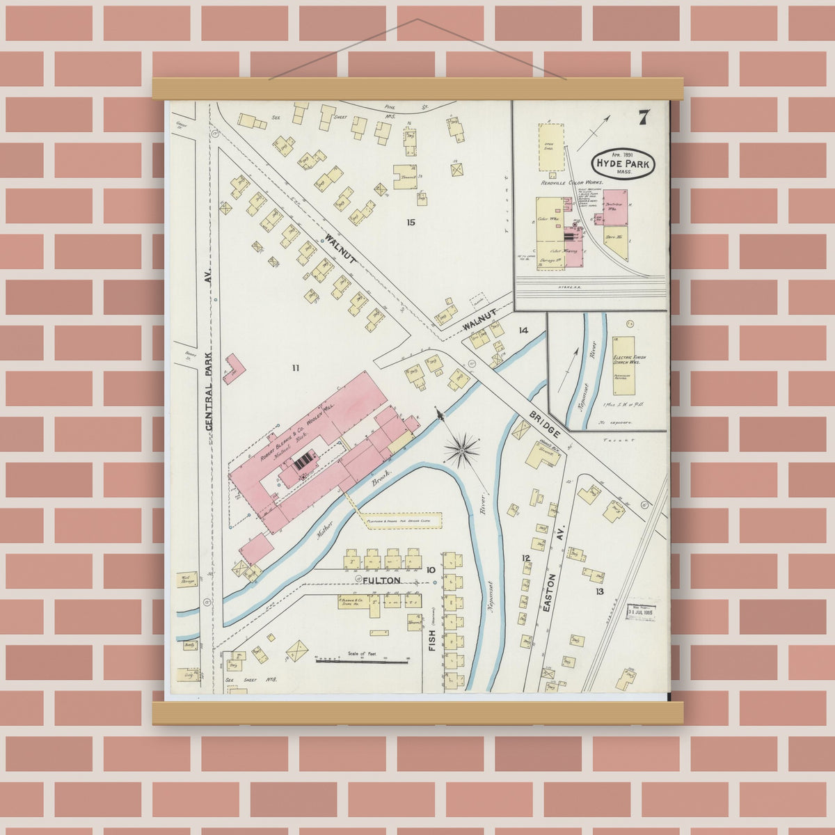 Old map wall art mockup — magnetic wood frame on brick wall — Sanborn Fire Insurance Map from Hyde Park, Norfolk County, Massachusetts (1891), Sheet #0007
