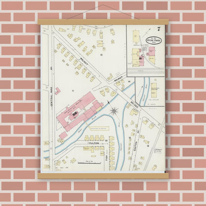 Old map wall art mockup — magnetic wood frame on brick wall — Sanborn Fire Insurance Map from Hyde Park, Norfolk County, Massachusetts (1891), Sheet #0007