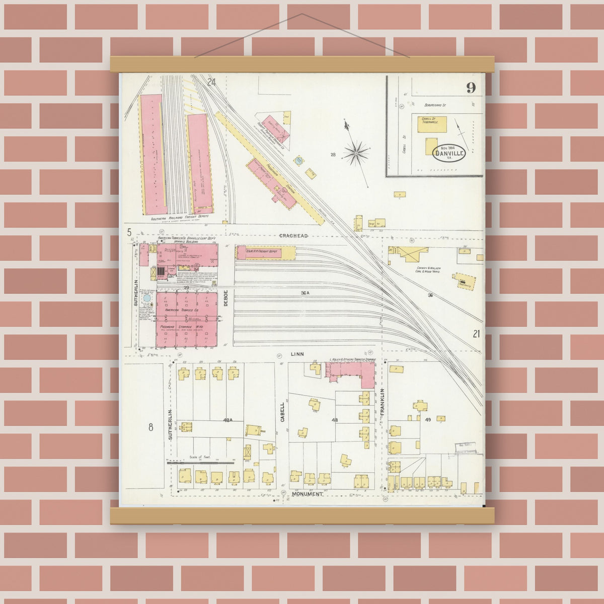 Old map wall art mockup — magnetic wood frame on brick wall — Sanborn Fire Insurance Map from Danville, Independent Cities, Virginia (1904), Sheet #0009