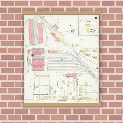 Old map wall art mockup — magnetic wood frame on brick wall — Sanborn Fire Insurance Map from Danville, Independent Cities, Virginia (1904), Sheet #0009