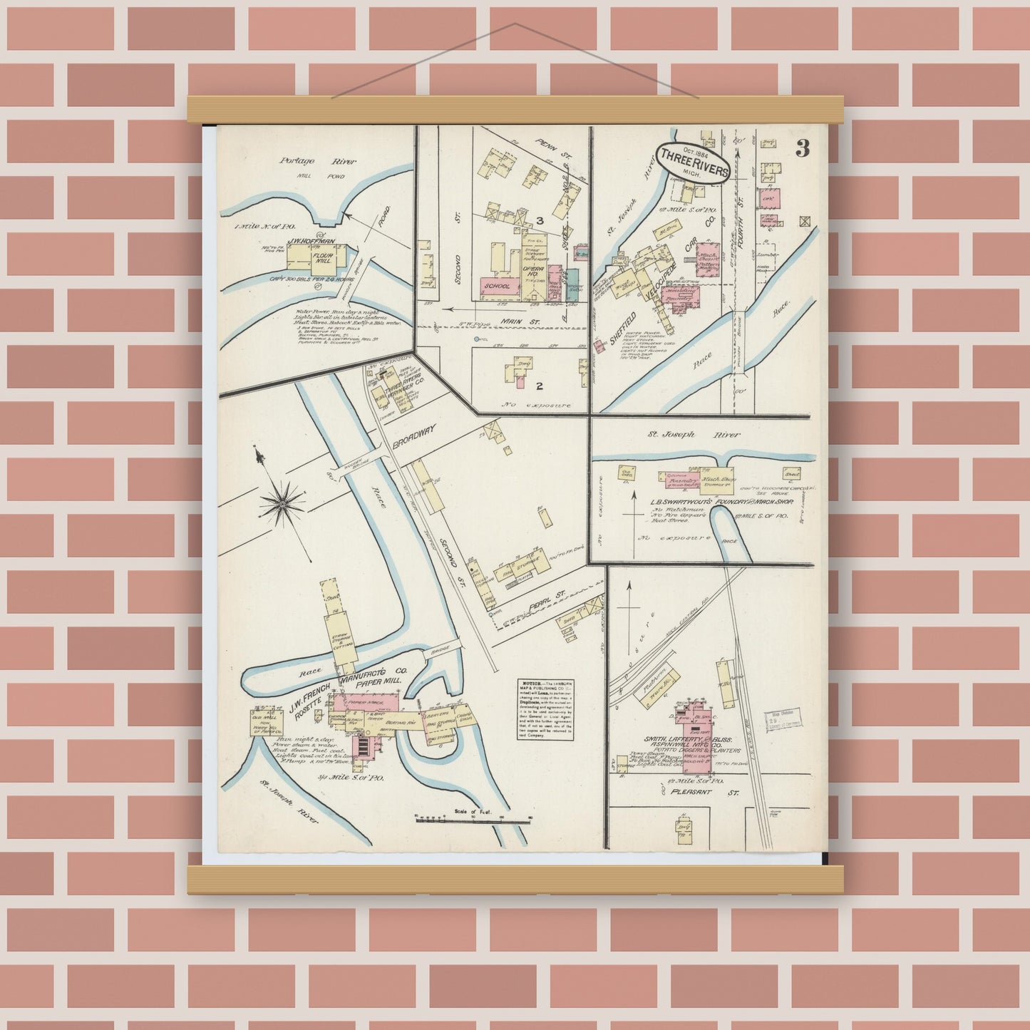 Old map wall art mockup — magnetic wood frame on brick wall — Sanborn Fire Insurance Map from Three Rivers, Saint Joseph County, Michigan (1884), Sheet #0003