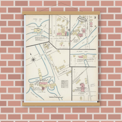 Old map wall art mockup — magnetic wood frame on brick wall — Sanborn Fire Insurance Map from Three Rivers, Saint Joseph County, Michigan (1884), Sheet #0003