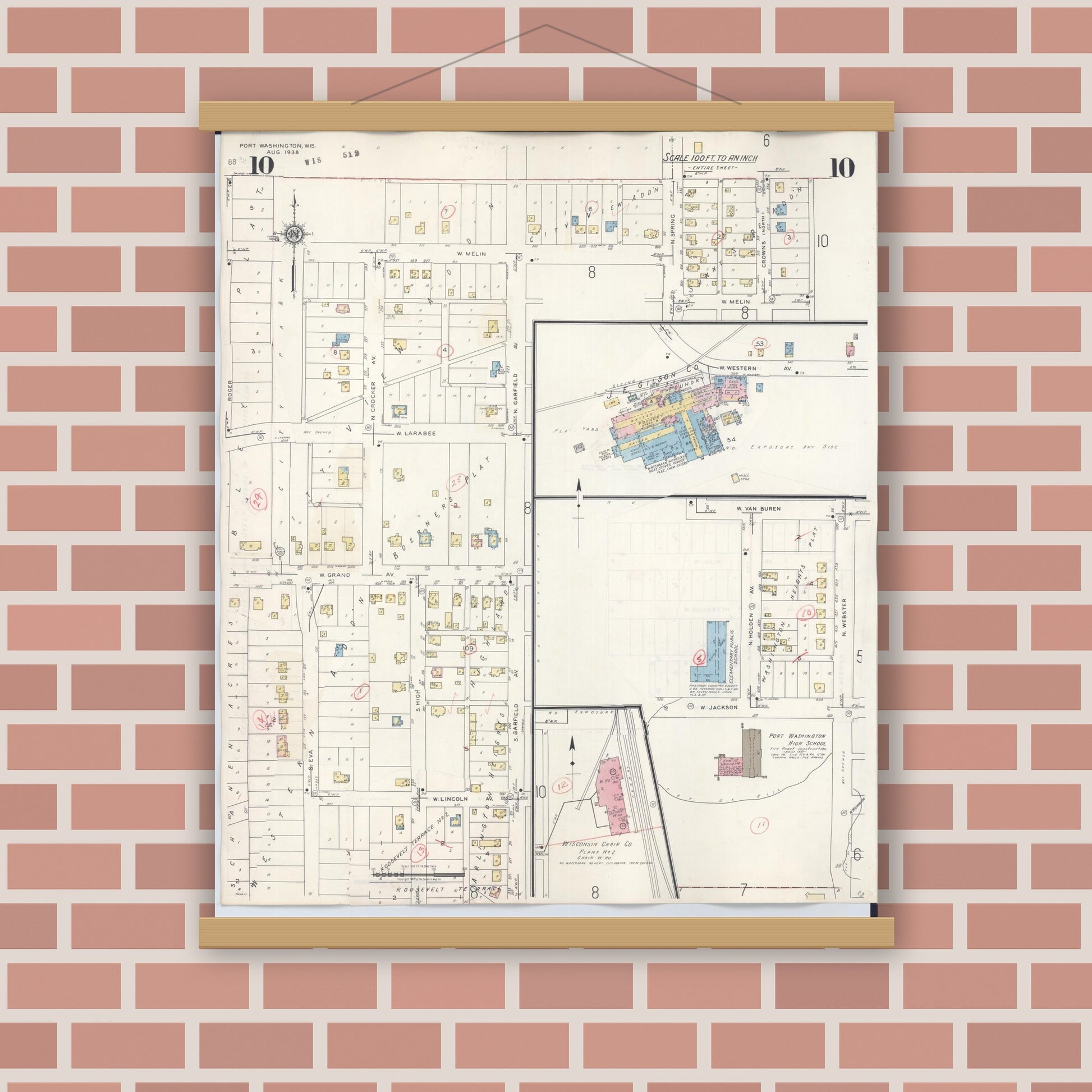 Old map wall art mockup — magnetic wood frame on brick wall — Sanborn Fire Insurance Map from Port Washington, Ozaukee County, Wisconsin (1949), Sheet #0010