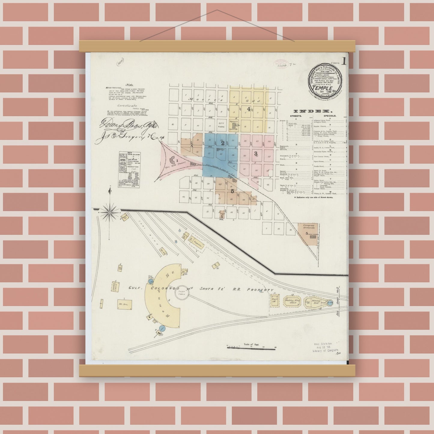 Old map wall art mockup — magnetic wood frame on brick wall — Sanborn Fire Insurance Map from Temple, Bell County, Texas (1888) - Complete Map Set