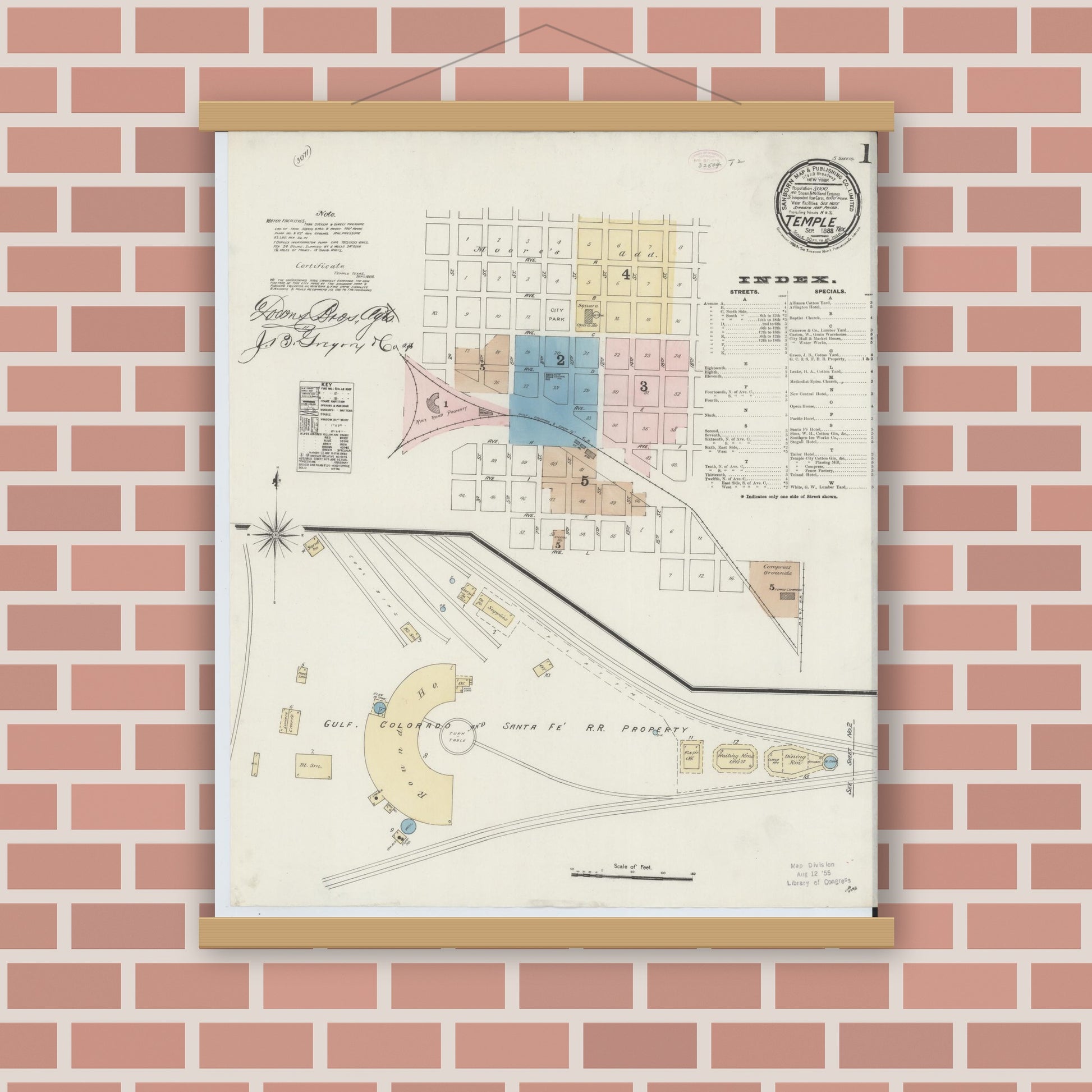 Old map wall art mockup — magnetic wood frame on brick wall — Sanborn Fire Insurance Map from Temple, Bell County, Texas (1888) - Complete Map Set