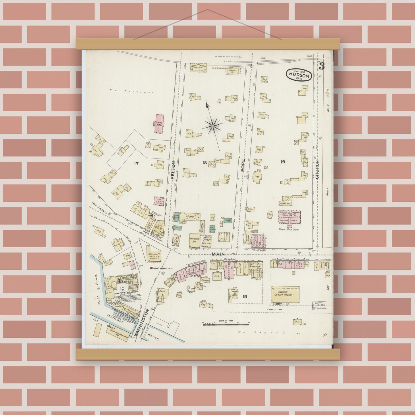 Old map wall art mockup — magnetic wood frame on brick wall — Sanborn Fire Insurance Map from Hudson, Middlesex County, Massachusetts (1888), Sheet #0003