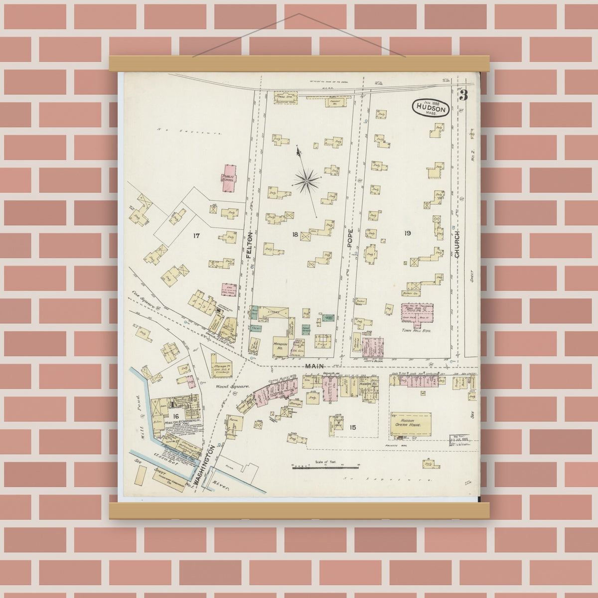 Old map wall art mockup — magnetic wood frame on brick wall — Sanborn Fire Insurance Map from Hudson, Middlesex County, Massachusetts (1888), Sheet #0003