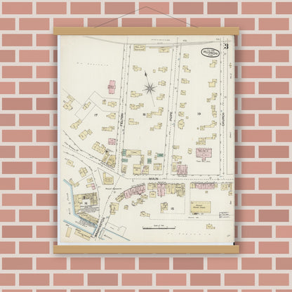 Old map wall art mockup — magnetic wood frame on brick wall — Sanborn Fire Insurance Map from Hudson, Middlesex County, Massachusetts (1888), Sheet #0003