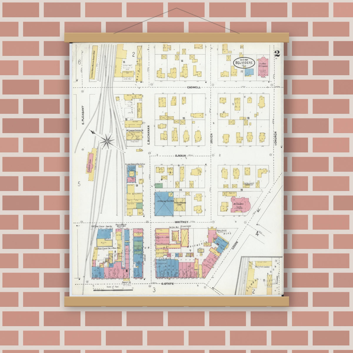 Old map wall art mockup — magnetic wood frame on brick wall — Sanborn Fire Insurance Map from Belvidere, Boone County, Illinois (1904), Sheet #0002