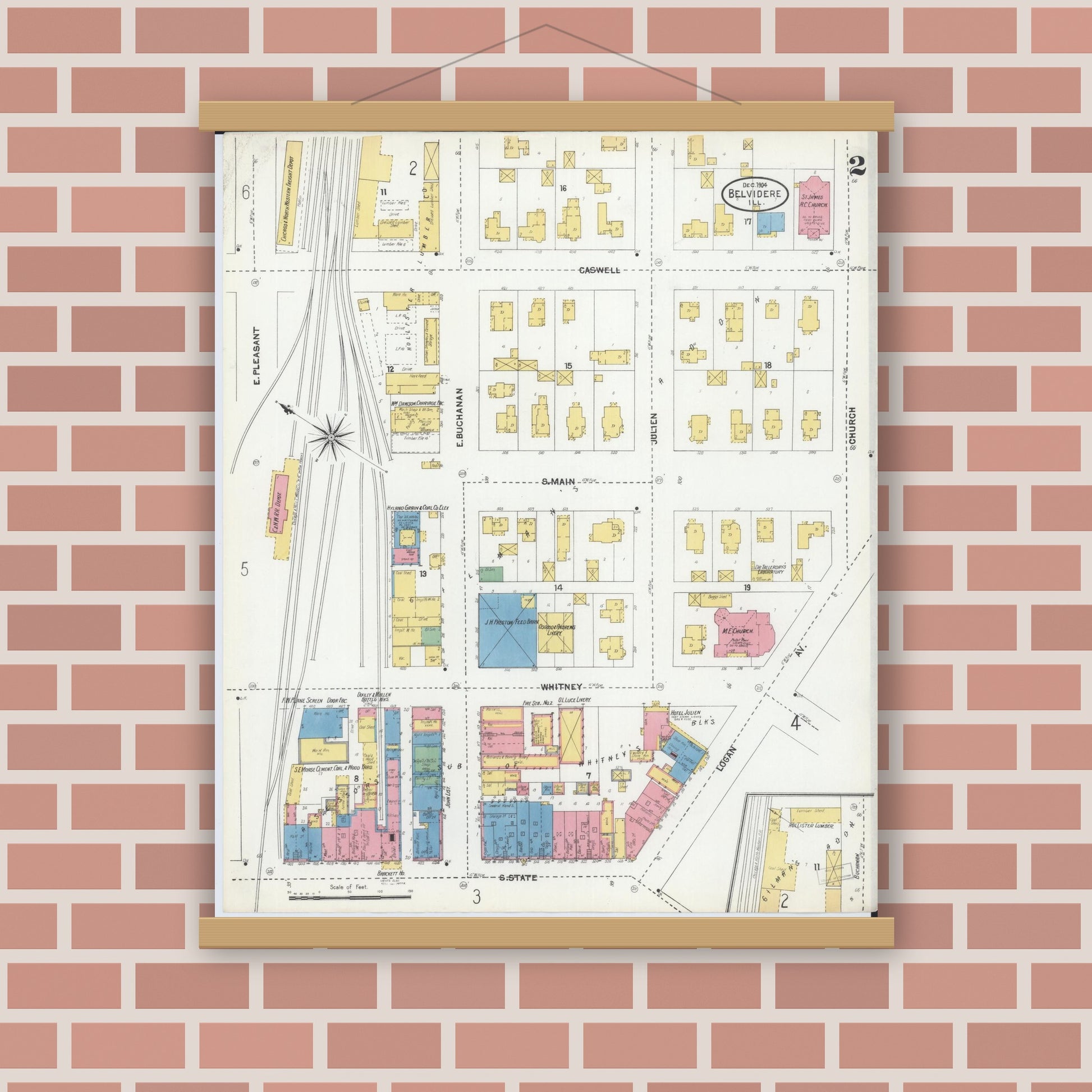 Old map wall art mockup — magnetic wood frame on brick wall — Sanborn Fire Insurance Map from Belvidere, Boone County, Illinois (1904), Sheet #0002
