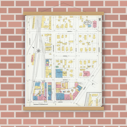 Old map wall art mockup — magnetic wood frame on brick wall — Sanborn Fire Insurance Map from Belvidere, Boone County, Illinois (1904), Sheet #0002