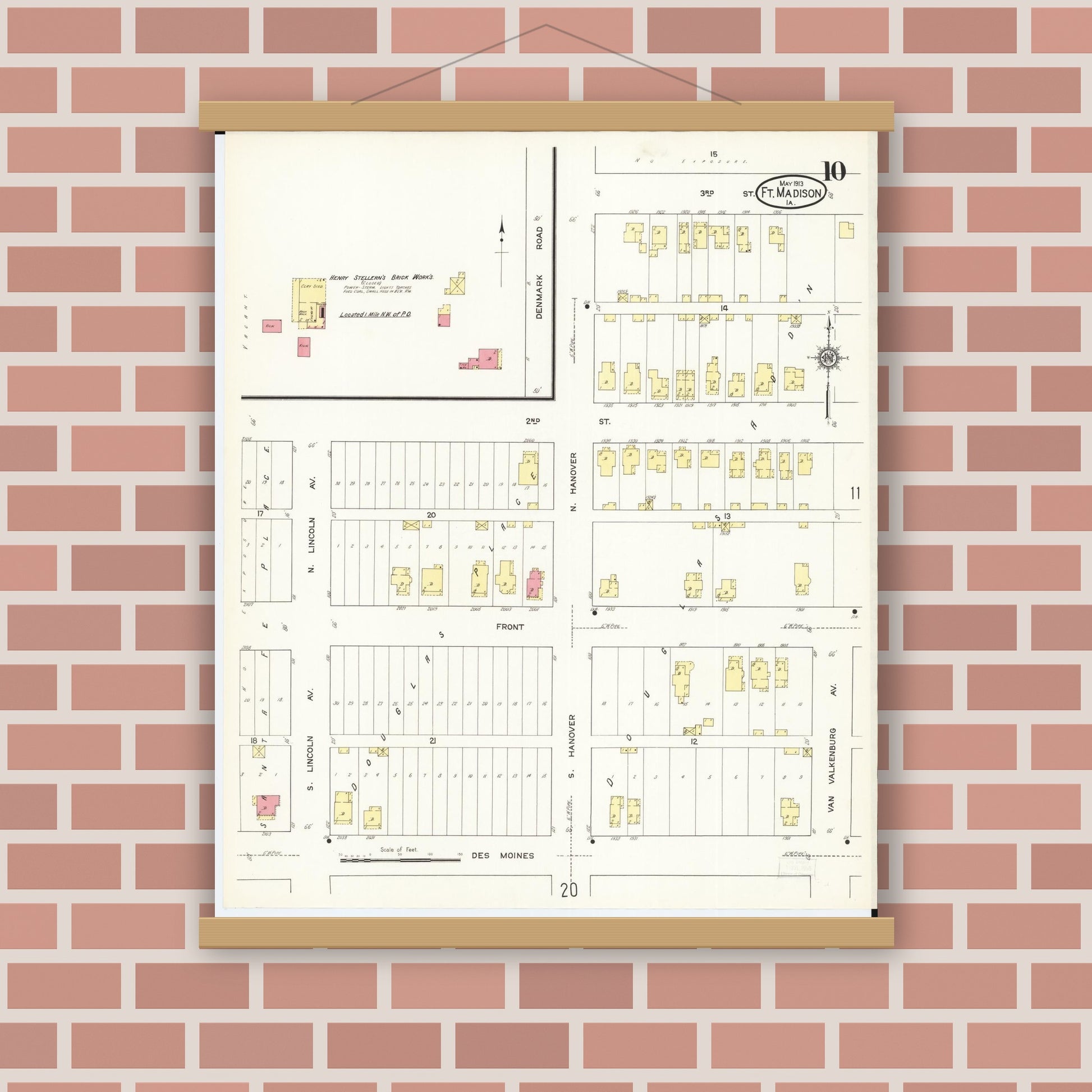 Old map wall art mockup — magnetic wood frame on brick wall — Sanborn Fire Insurance Map from Fort Madison, Lee County, Iowa (1913), Sheet #0010