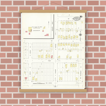 Old map wall art mockup — magnetic wood frame on brick wall — Sanborn Fire Insurance Map from Fort Madison, Lee County, Iowa (1913), Sheet #0010