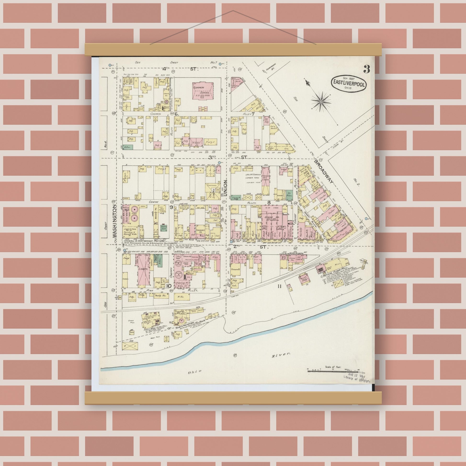 Old map wall art mockup — magnetic wood frame on brick wall — Sanborn Fire Insurance Map from East Liverpool, Columbiana County, Ohio (1887), Sheet #0003