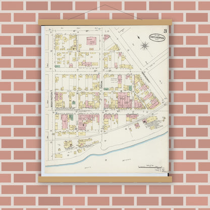 Old map wall art mockup — magnetic wood frame on brick wall — Sanborn Fire Insurance Map from East Liverpool, Columbiana County, Ohio (1887), Sheet #0003