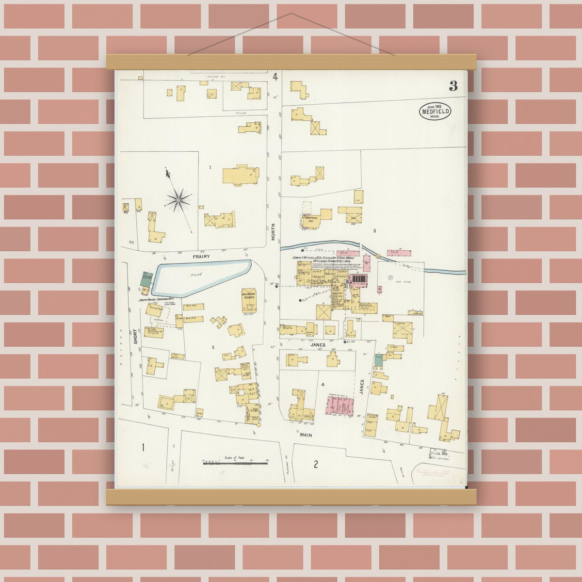 Old map wall art mockup — magnetic wood frame on brick wall — Sanborn Fire Insurance Map from Medfield, Norfolk County, Massachusetts (1903), Sheet #0003