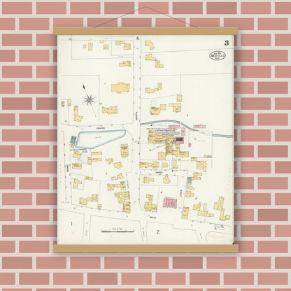 Old map wall art mockup — magnetic wood frame on brick wall — Sanborn Fire Insurance Map from Medfield, Norfolk County, Massachusetts (1903), Sheet #0003