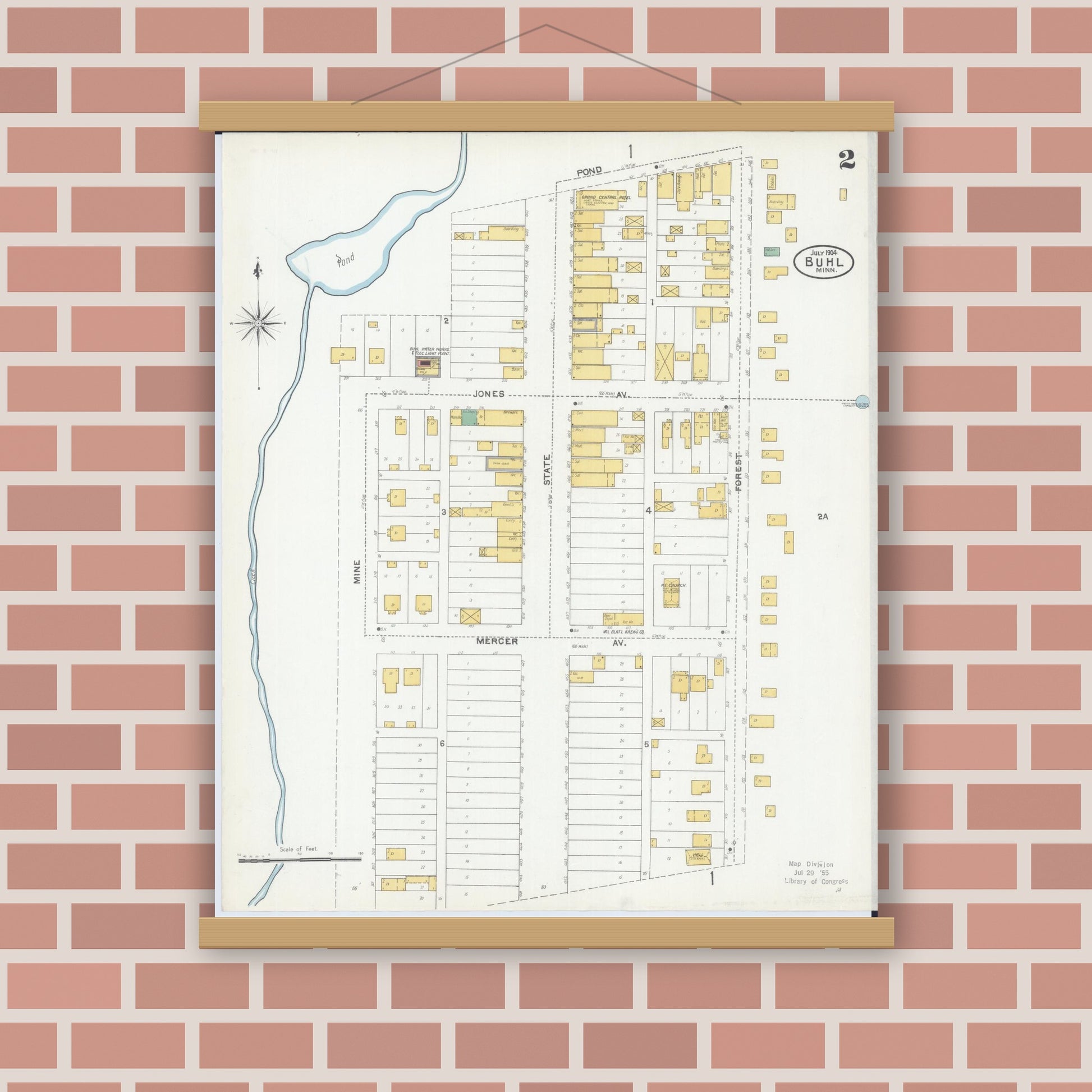 Old map wall art mockup — magnetic wood frame on brick wall — Sanborn Fire Insurance Map from Buhl, Saint Louis County, Minnesota (1904), Sheet #0002