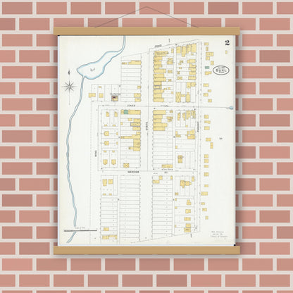 Old map wall art mockup — magnetic wood frame on brick wall — Sanborn Fire Insurance Map from Buhl, Saint Louis County, Minnesota (1904), Sheet #0002