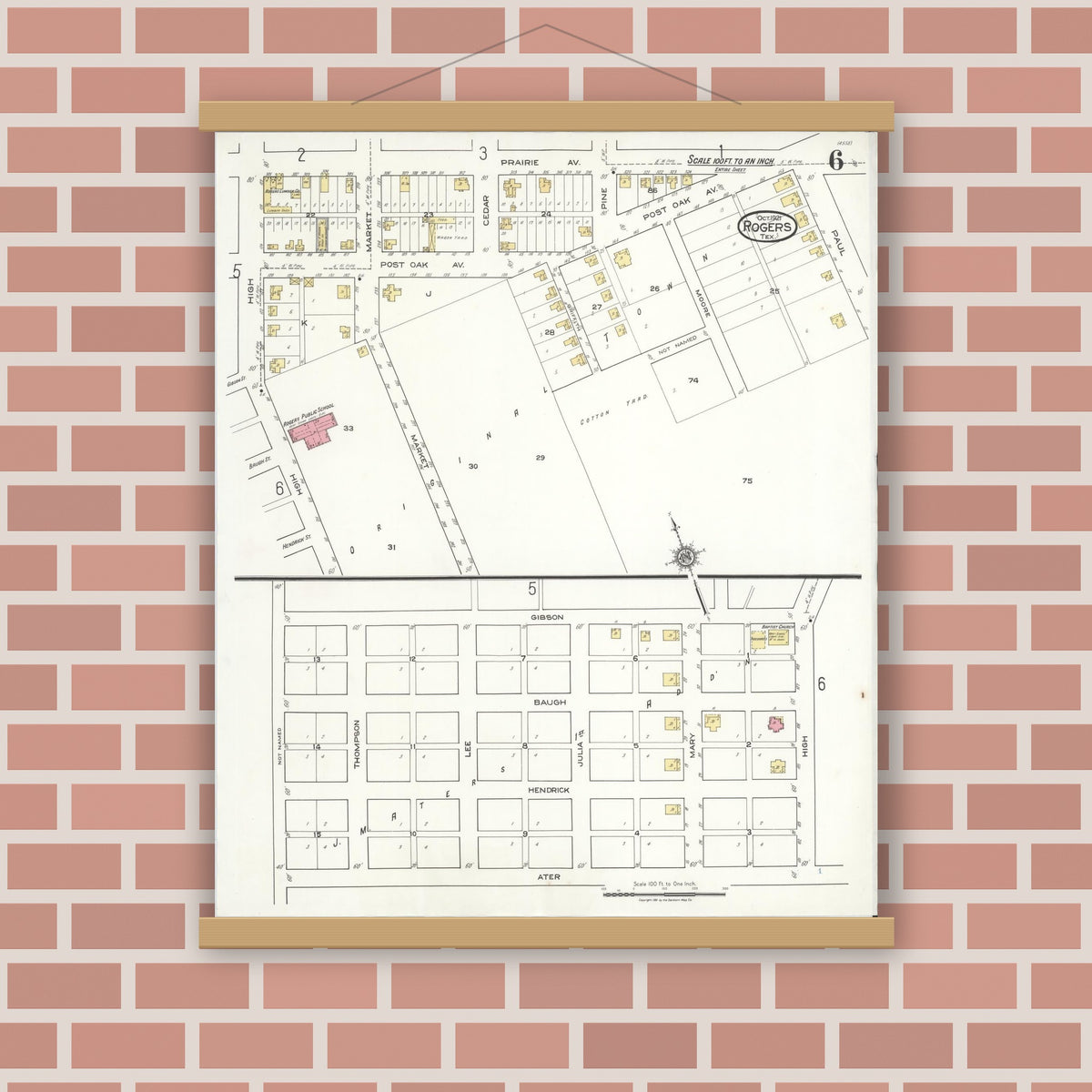 Old map wall art mockup — magnetic wood frame on brick wall — Sanborn Fire Insurance Map from Rogers, Bell County, Texas (1921), Sheet #0006