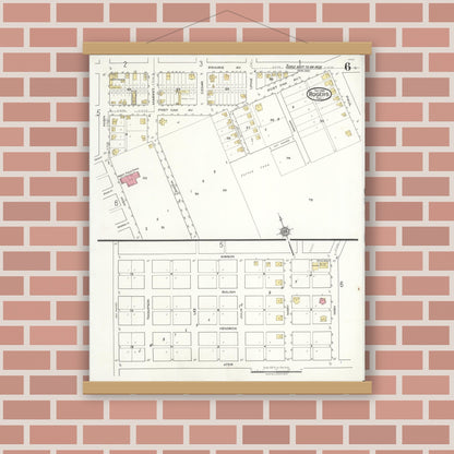 Old map wall art mockup — magnetic wood frame on brick wall — Sanborn Fire Insurance Map from Rogers, Bell County, Texas (1921), Sheet #0006
