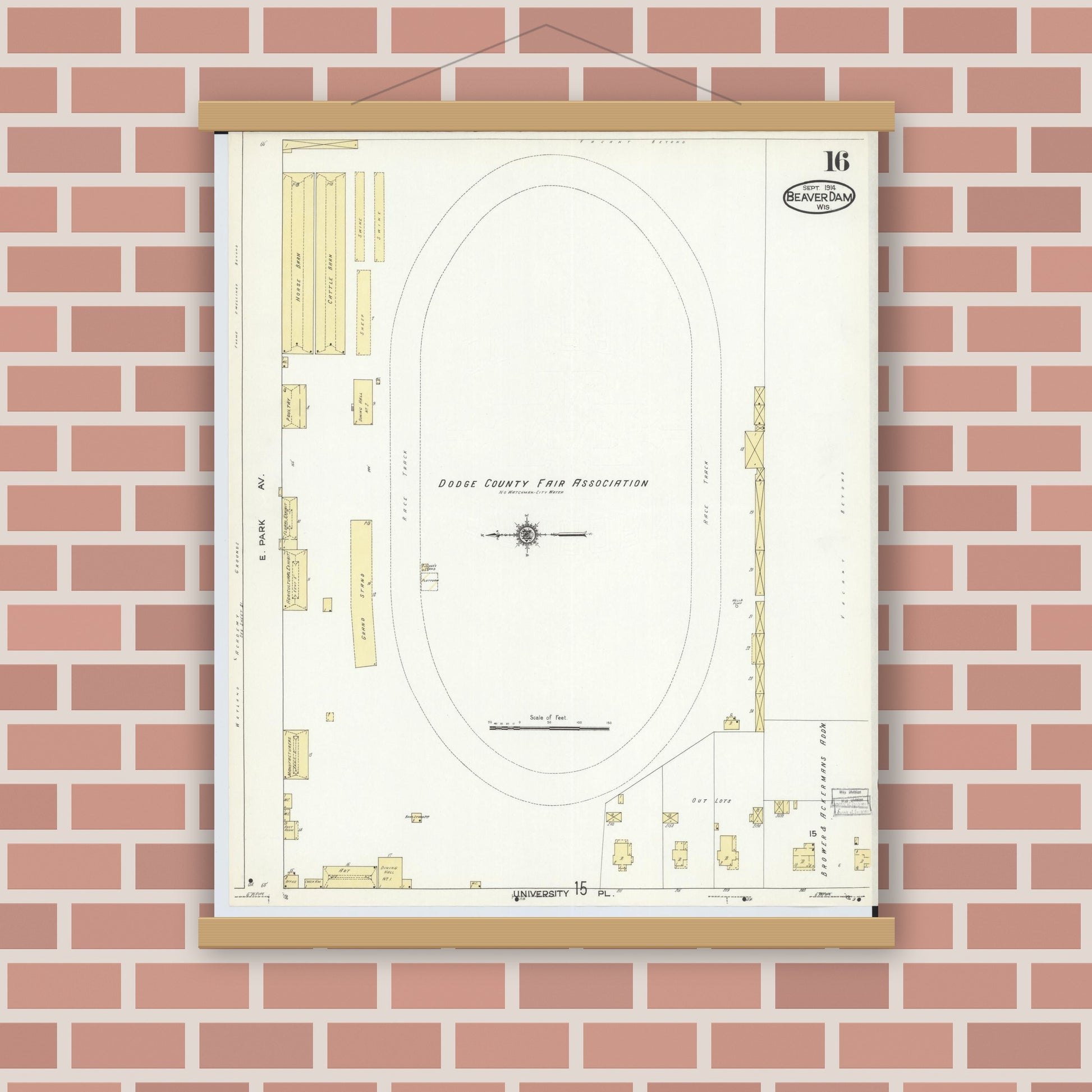 Old map wall art mockup — magnetic wood frame on brick wall — Sanborn Fire Insurance Map from Beaver Dam, Dodge County, Wisconsin (1914), Sheet #0016
