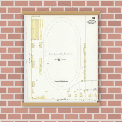 Old map wall art mockup — magnetic wood frame on brick wall — Sanborn Fire Insurance Map from Beaver Dam, Dodge County, Wisconsin (1914), Sheet #0016