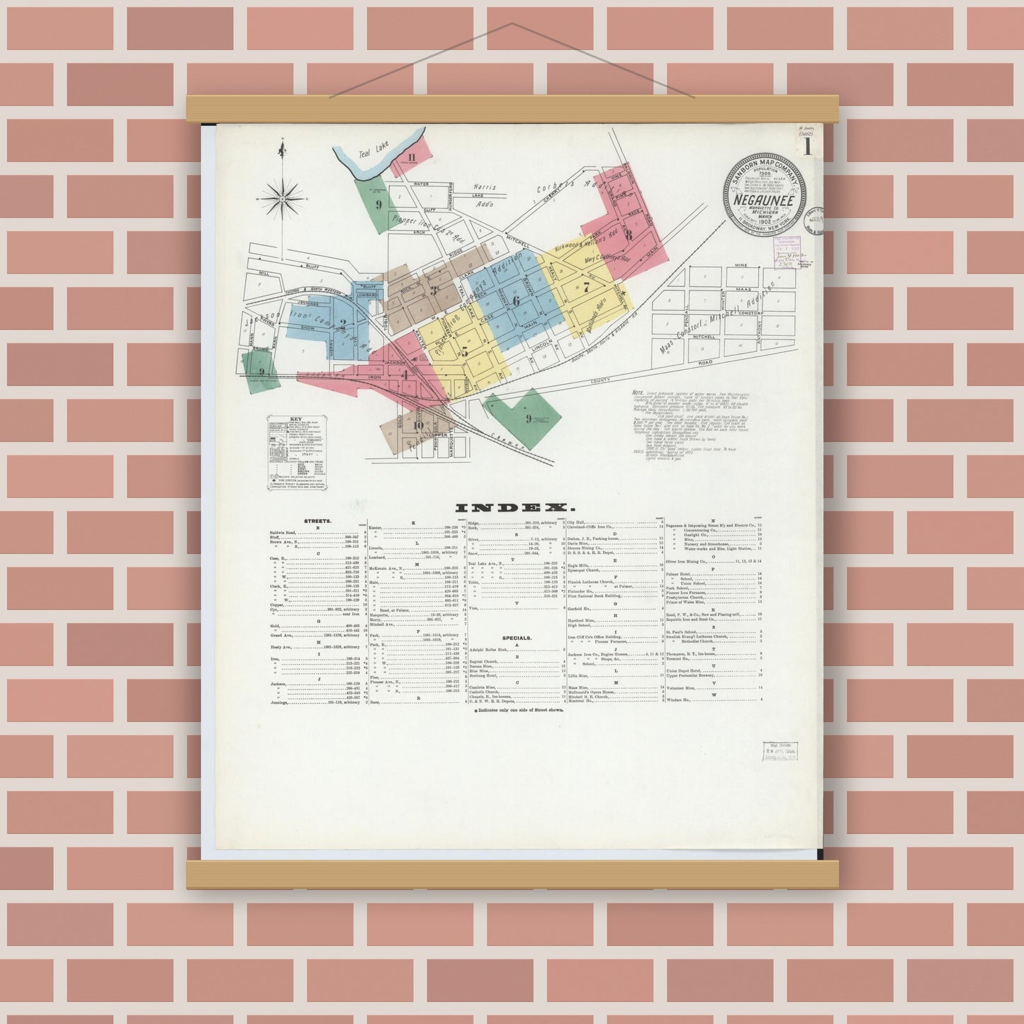 Old map wall art mockup — magnetic wood frame on brick wall — Sanborn Fire Insurance Map from Negaunee, Marquette County, Michigan (1902) - Complete Map Set